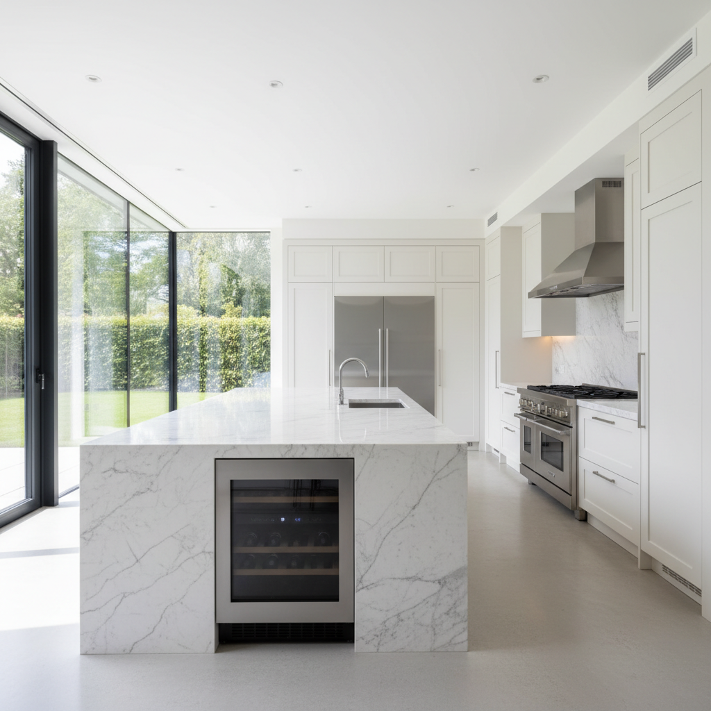 Luxury modern kitchen with built-in refrigerator and wine cooler